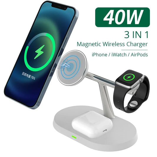 40W for Magsafe 3-In-1 Wireless Charger, Apple Watch, Airpods Charging Station for Iphone 15, 12, Pro, Pro Max, Mini